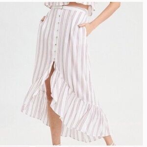 AEO American Eagle Outfitters Striped Ruffle Skirt Womens Ivory Hi Lo size XS